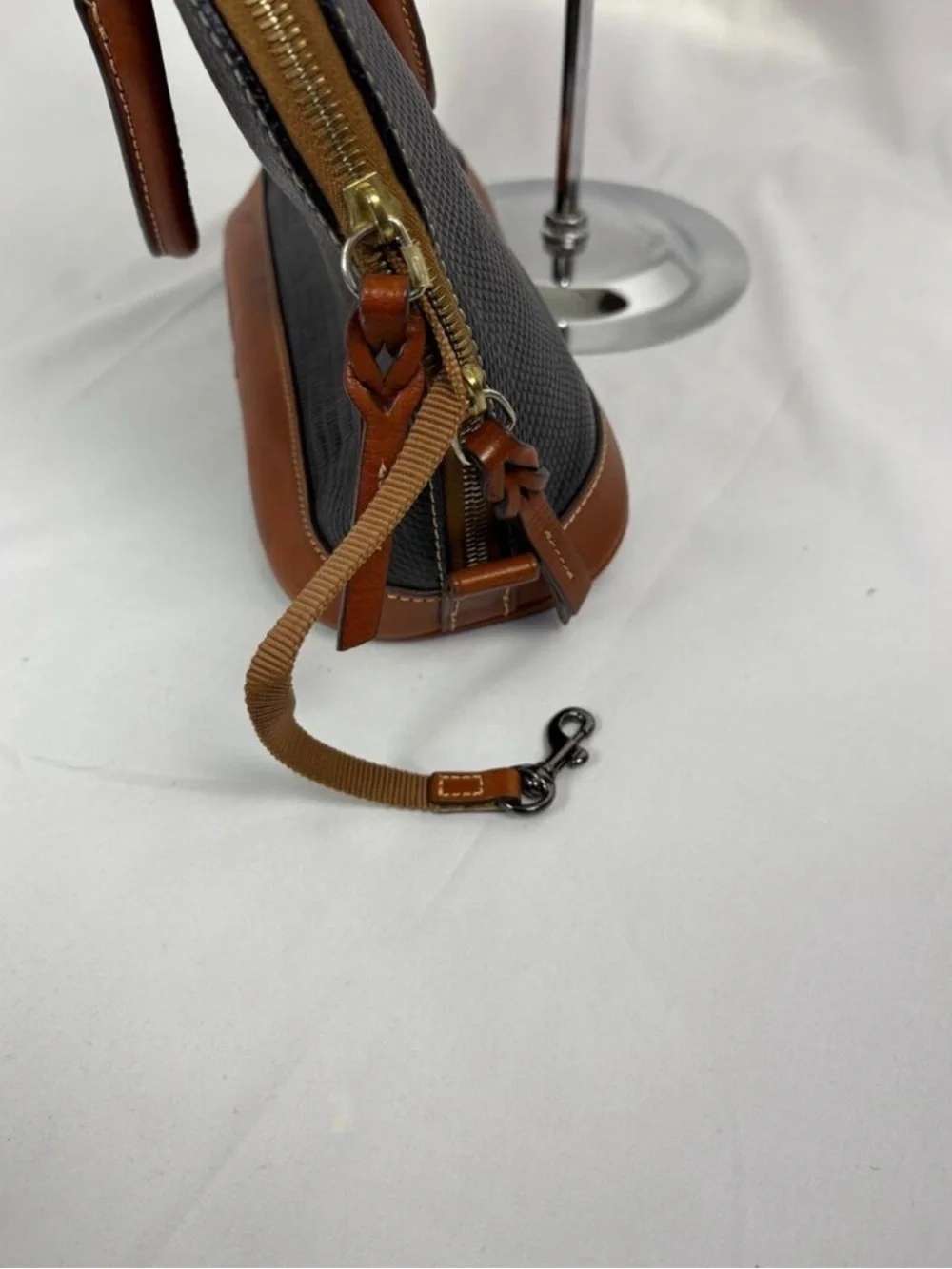 Dooney & Bourke Black Lizard-Embossed Satchel with Tan Trim